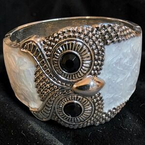 Silver Tone Owl Cuff Bracelet White Marbled Resin Statement Hinge Bangle
